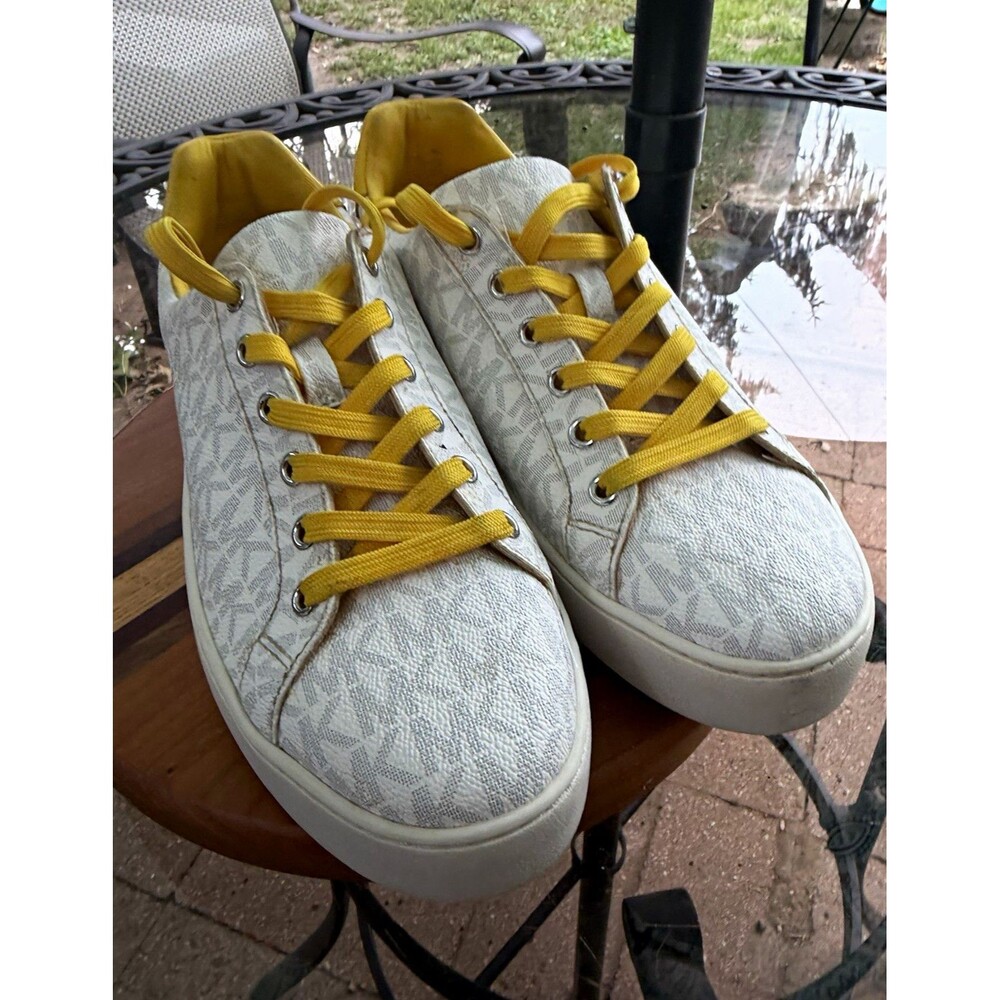 MICHAEL KORS MK LOGO WOMENS LOW TOP LACE UP SNEAKERS WHITE YELLOW RUBBER